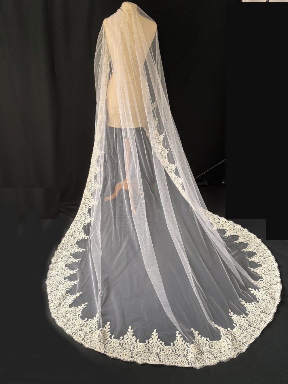 Cathedral Bridal Veil English Net Alençon Lace Beaded Pearl Veil Antique White